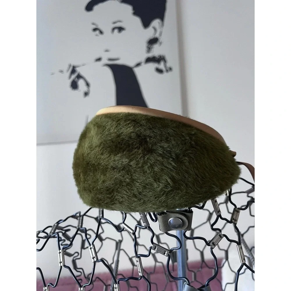 Vintage‎ Miss Gwenn Jr Olive Green Faux Fur Pillbox Hat Satin Bow 1960s Retro 22